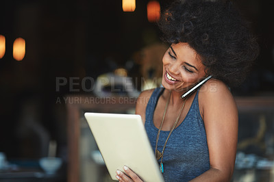 Buy stock photo Tablet, phone call and booking with a woman in a coffee shop to process an online order for takeaway. Contact, technology and communication with a black female cafe owner working in a restaurant