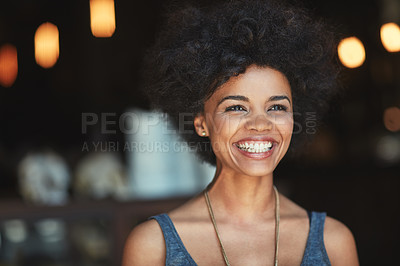 Buy stock photo Coffee shop face, smile and cafe woman, small business owner or manager happiness for store success. Commerce, retail restaurant and excited African person, entrepreneur or boss happy for service