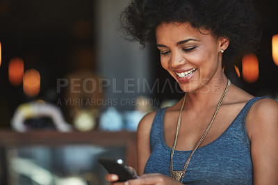 Buy stock photo Phone communication, restaurant and happy woman typing, networking and search website, app or check digital cafe menu. Coffee shop mockup, mobile and female customer texting, message or contact user