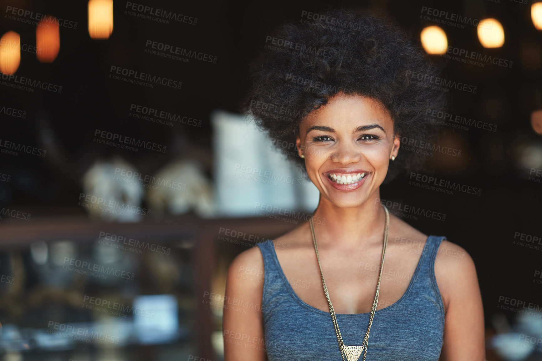 Buy stock photo Coffee shop portrait, smile or cafe woman, small business owner or manager happiness for store success. Entrepreneur, retail restaurant or excited person, African waitress or worker happy for service