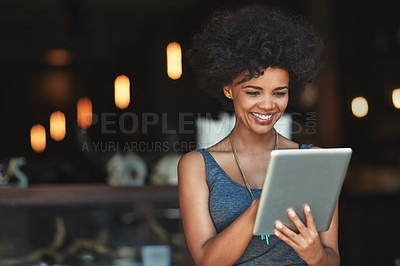 Buy stock photo Smile, tablet and woman reading cafe data, customer experience feedback or happy for income, revenue or sales statistics. Online restaurant report, small business and female person with store success
