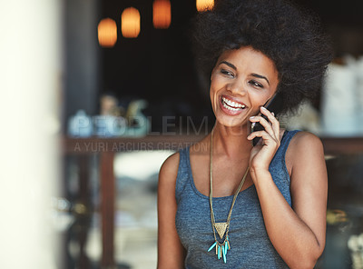 Buy stock photo Coffee shop, smile and happy woman in phone call communication, funny conversation or discussion. Commerce restaurant, consulting and female person speaking, laugh and talking to cafe store contact