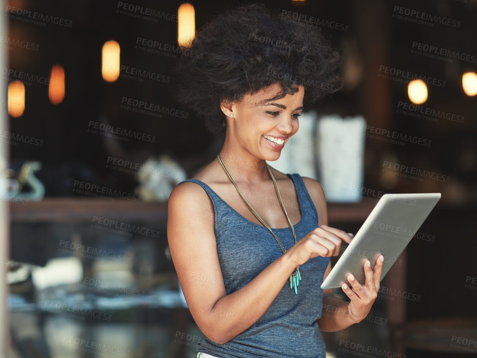 Buy stock photo Tablet, typing and happy woman reading restaurant insight,  review or smile for income, revenue or retail sales. Coffee shop report, small business growth and female manager with cafe store success