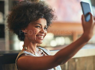 Buy stock photo Coffee shop cafe, face selfie and happy woman post memory photo to social media, online or store advertising app. Customer, retail service and African person in startup, small business or restaurant