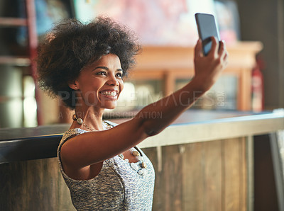 Buy stock photo Coffee shop selfie, happy and cafe woman post photo memory to social media, website or store advertising app. Customer, retail service and picture of person in startup, small business or restaurant