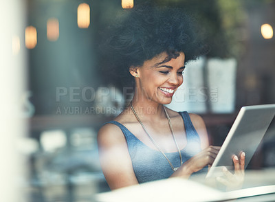 Buy stock photo Tablet, coffee shop window or happy woman with online insight, positive feedback and smile for cafe service review. Customer research, growth statistics and retail person with restaurant sales income