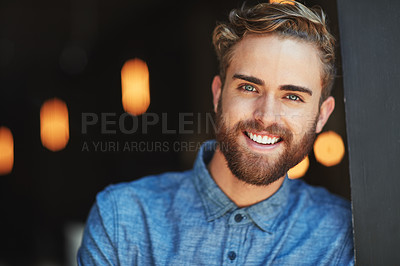 Buy stock photo Smile, face portrait and restaurant man, coffee shop boss or small business owner happy for start up success. Leaning on doorway, retail store and hospitality person smiling for commerce cafe service