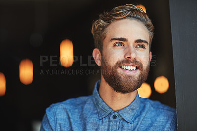Buy stock photo Happy, thinking and cafe man, restaurant manager or small business owner contemplating plan, retail growth or success. Startup entrepreneur, coffee shop idea or person dream of commerce store service
