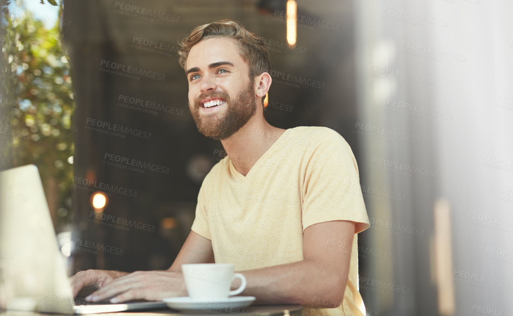 Buy stock photo Coffee shop laptop, typing and happy man think of freelance blog inspiration, online retail review or cafe idea. Thinking, restaurant and small business owner, customer or person smile for store plan