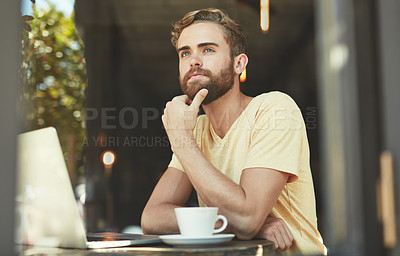 Buy stock photo Cafe laptop, focus and man thinking of idea, problem solving solution or hospitality decision, tea choice or brainstorming. Coffee shop, male freelancer or restaurant customer thoughtful over retail 