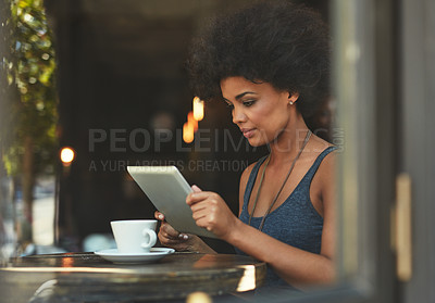 Buy stock photo Tablet reading, focus and cafe woman, customer or freelance worker doing online project, research or report article. Review, analysis and person check restaurant, coffee shop or store sales insight