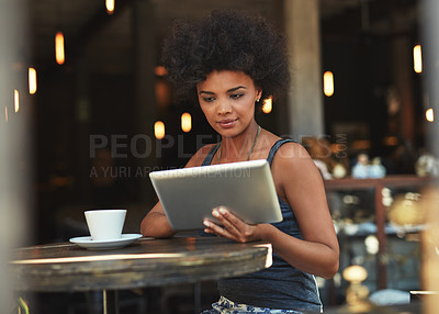 Buy stock photo Coffee shop, tablet or woman typing, scroll or focus on freelance blog, online retail review or cafe internet. Restaurant, service or small business client, customer or African person on social media