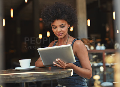 Buy stock photo Tablet reading, typing and coffee shop woman, retail customer or manager doing hospitality research for startup growth. Review, analysis and person check restaurant, cafe or store sales statistics