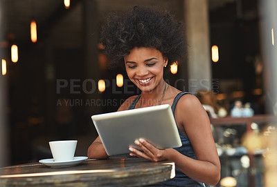 Buy stock photo Coffee shop store, tablet and happy woman reading online blog story, positive customer experience review or service feedback. Cafe manager, freelance blog or person smile for restaurant sales revenue