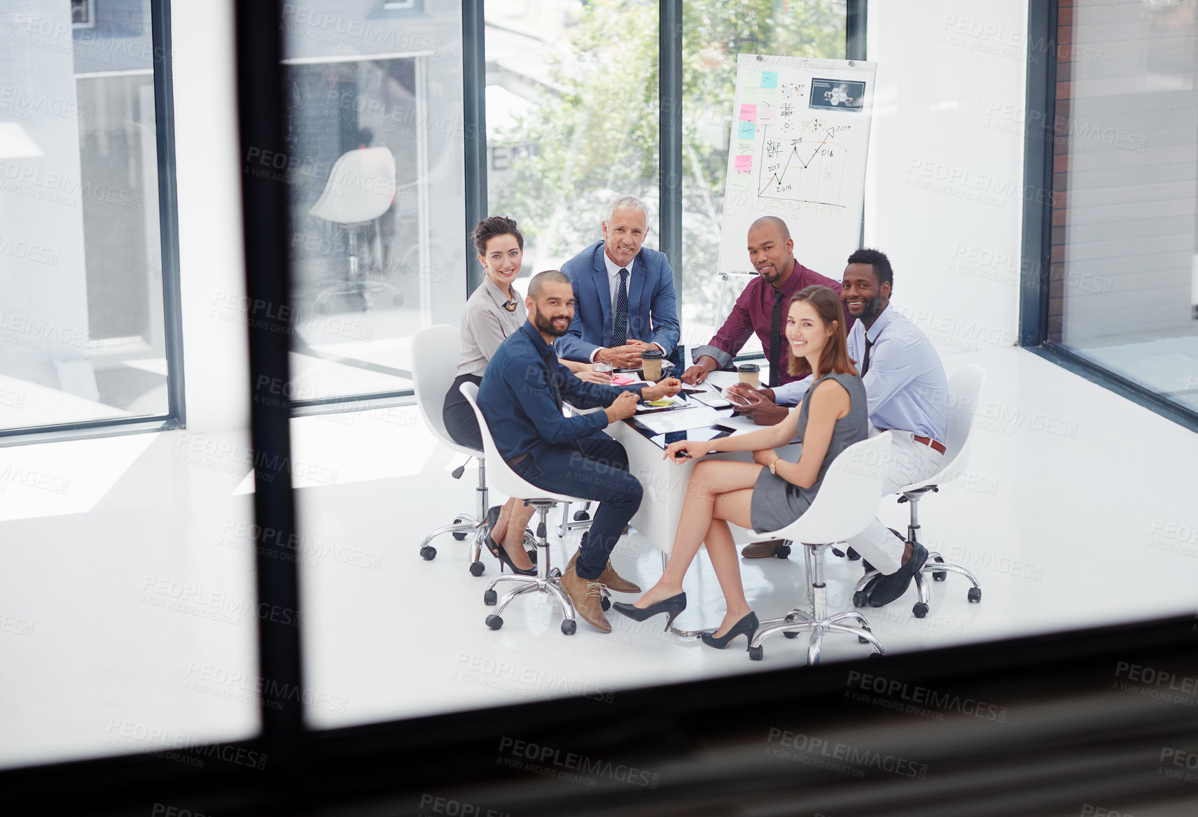 Buy stock photo Business, window and people in boardroom with strategy for company growth and development. Office, employee and happy in portrait on discussion for report, feedback and performance review on teamwork