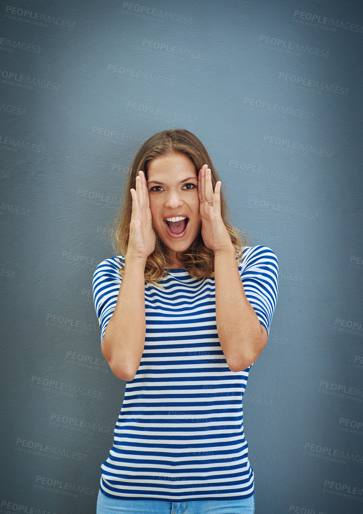 Buy stock photo Girl, portrait and shouting in studio backdrop for fashion with joy for confident, trendy or style. Female person, outfit and fun in isolated, screaming or expression for aesthetic in gray background