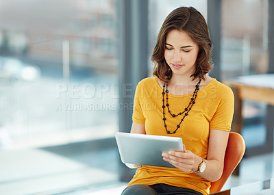 Buy stock photo Business woman with tablet in office, research ideas and inspiration for project with SEO at digital marketing agency. Creative female designer, content for website and technology with mockup space