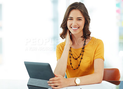 Buy stock photo Business woman with tablet, portrait and research ideas for inspiration for project at digital marketing agency. Creative female designer with smile, professional mindset and web design with tech