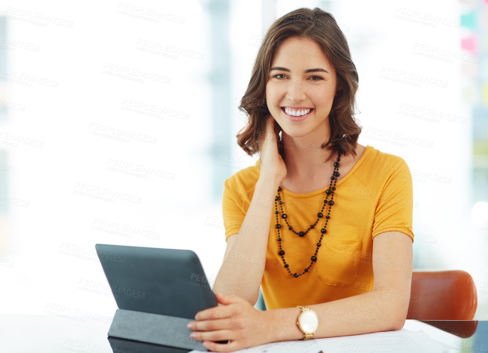 Buy stock photo Business woman with tablet, portrait and research ideas for inspiration for project at digital marketing agency. Creative female designer with smile, professional mindset and web design with tech
