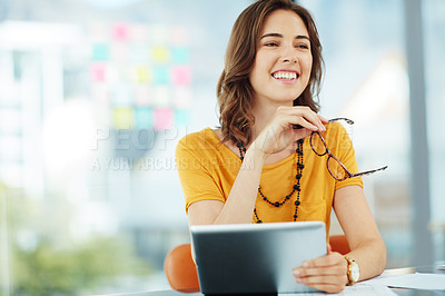 Buy stock photo Business woman with tablet, smile and research ideas for inspiration for project at digital marketing agency. Creative female designer, professional mindset and web design with tech and mockup space