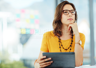 Buy stock photo Business woman thinking with tablet in office, ideas and inspiration for project with focus at digital marketing agency. Creative female designer, think about content for website and tech with mockup