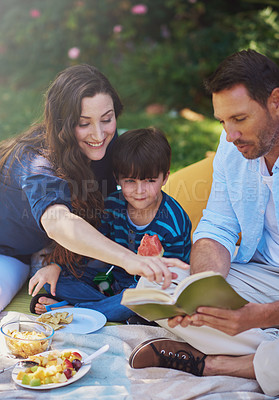 Buy stock photo Shot of a parents reading a book to their son during a picnic in the park