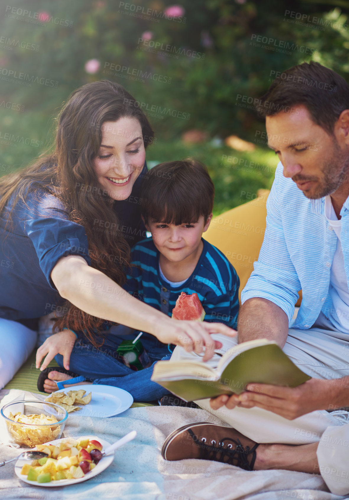 Buy stock photo Shot of a parents reading a book to their son during a picnic in the park