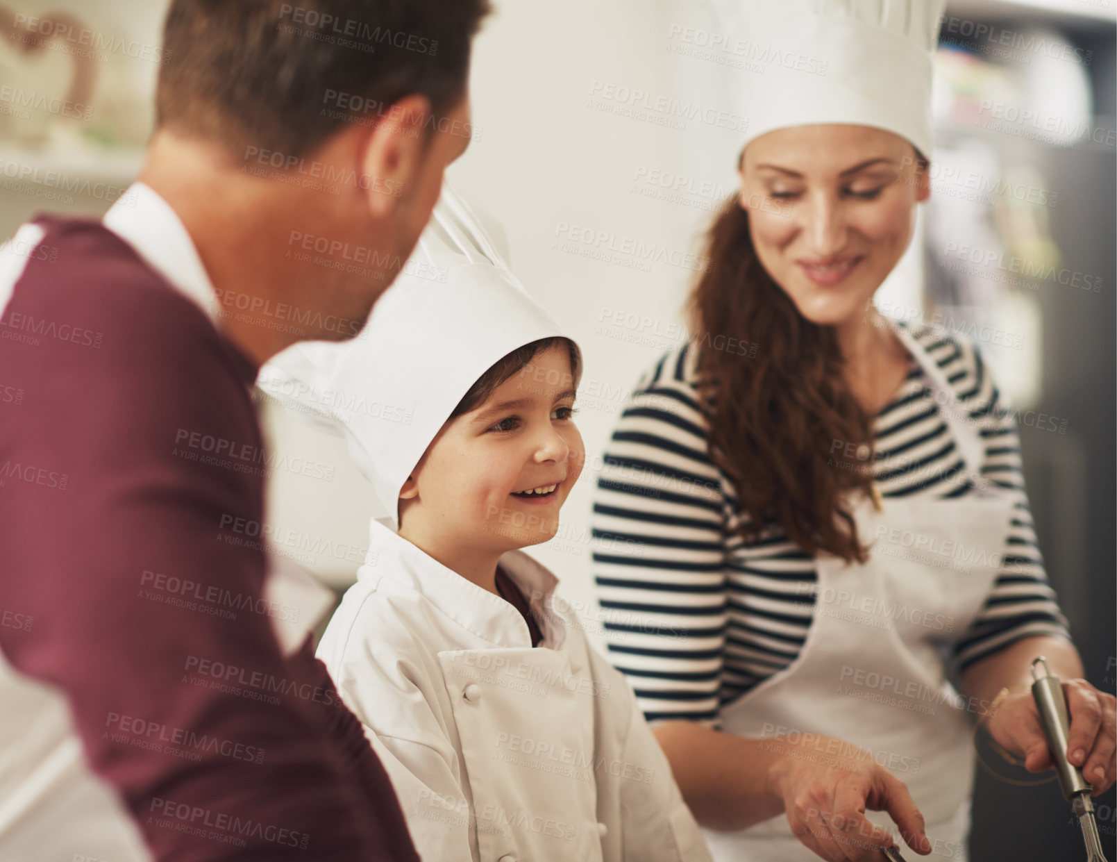 Buy stock photo Parents, teaching and child baking with smile in kitchen for growth development to prepare cookies in family home. Father, mom or kid learning pastry recipe for bonding, cooking snacks and dessert