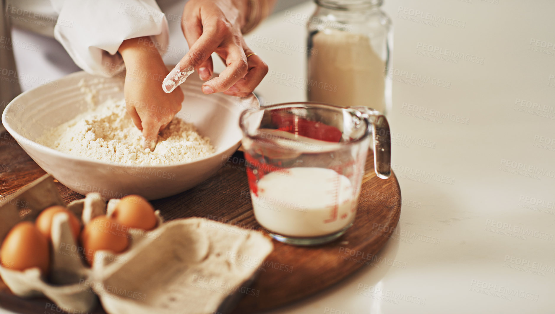 Buy stock photo Parent, hands or kid with flour to bake in kitchen for growth development, helping or teaching in family home. Bowl closeup, chef or child learning pastry recipe for bonding, cooking food or dessert 