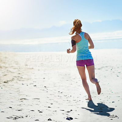 Buy stock photo Fitness, woman and running on sandy beach for healthy exercise, workout or cardio training in the outdoors. Active female runner or athlete exercising on a run for health and wellness on ocean mockup