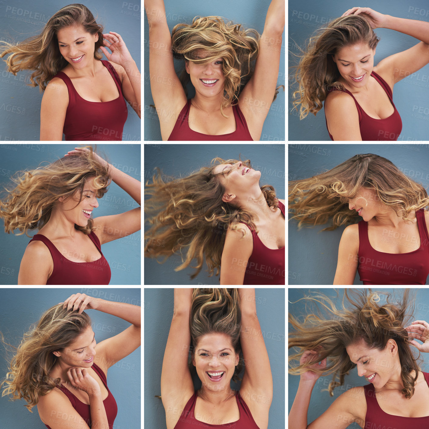 Buy stock photo Hair care, collage and woman with wind in studio for shampoo shine, texture and satisfaction. Female person, composite and dancing with confidence for treatment, growth and energy on gray background