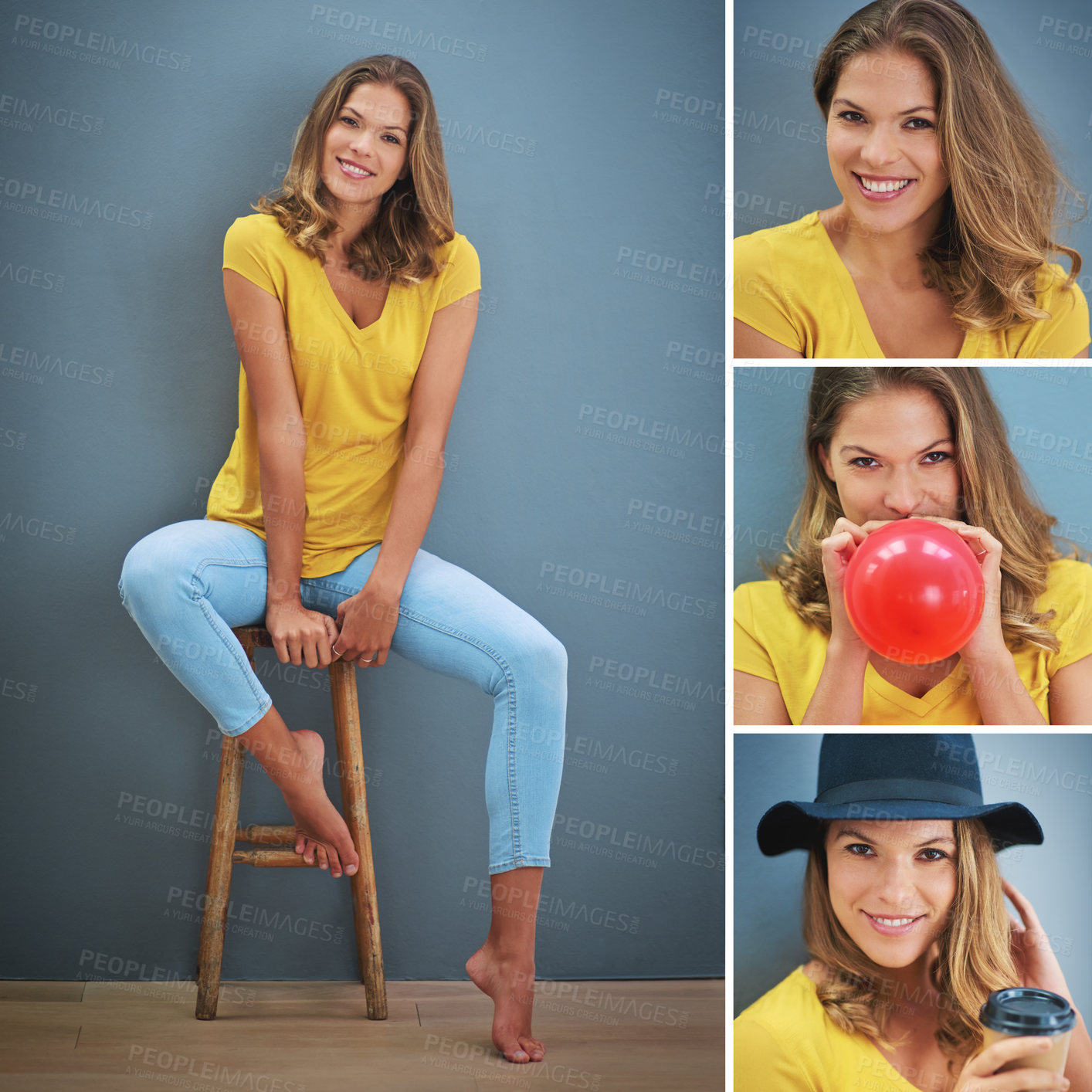 Buy stock photo Collage, portrait and woman with smile, confidence and fashion for memory, comfort and cool. Face, person and girl in jeans, pride or playful with fun, casual outfit and trendy clothes with happiness