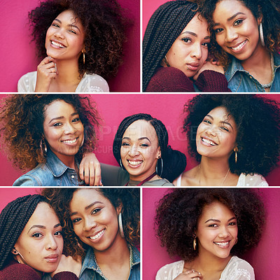 Buy stock photo Collage, black women and friends on pink wall for beauty, happiness and afro, braids and natural hair for cosmetic, makeup and haircare portrait. Face of females together for hairstyle inspiration