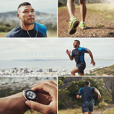Buy stock photo Composite of a young man running through the mountains