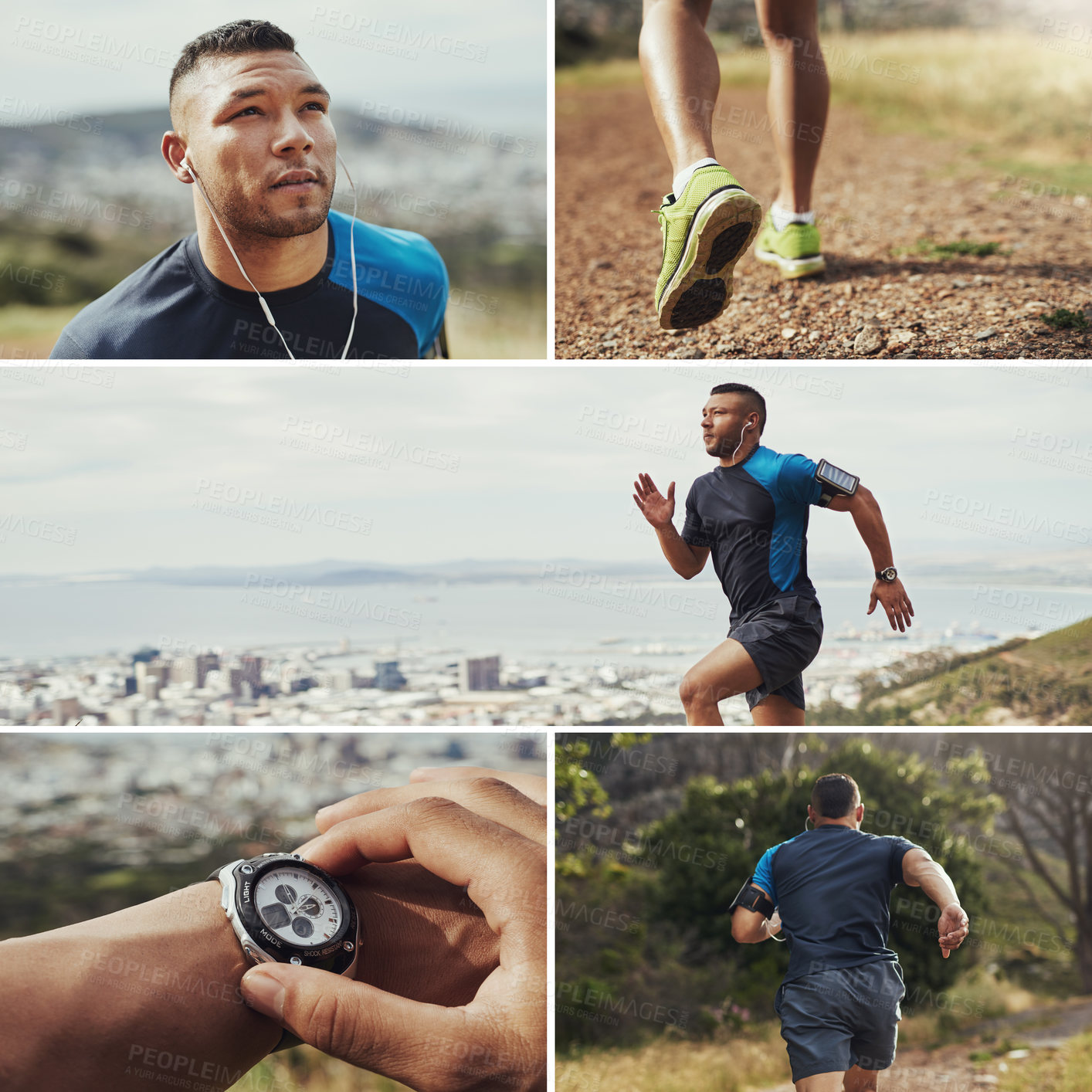 Buy stock photo Composite of a young man running through the mountains