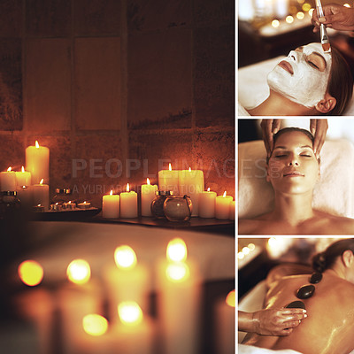 Buy stock photo Composite, massage and spa with a woman in series enjoying a relax or treatment in a beauty center. Facial, hot stone and therapy with a collage of a female customer in a wellness facility alone