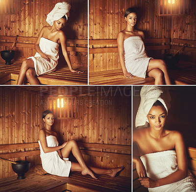 Buy stock photo Composite of a young woman sitting in a sauna at the spa