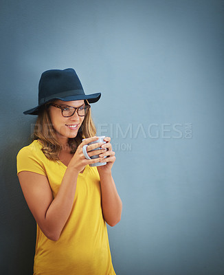 Buy stock photo Coffee, fashion and mockup with model woman in studio on a gray background thinking about product placement. Marketing, mock up and style with an edgy or trendy young hipster posing for advertising