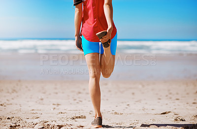 Buy stock photo Woman runner, stretching and beach for fitness, exercise or wellness with sand, sunshine or waves. Girl, warm up and legs at training, workout or running by ocean, outdoor or sea for health in summer