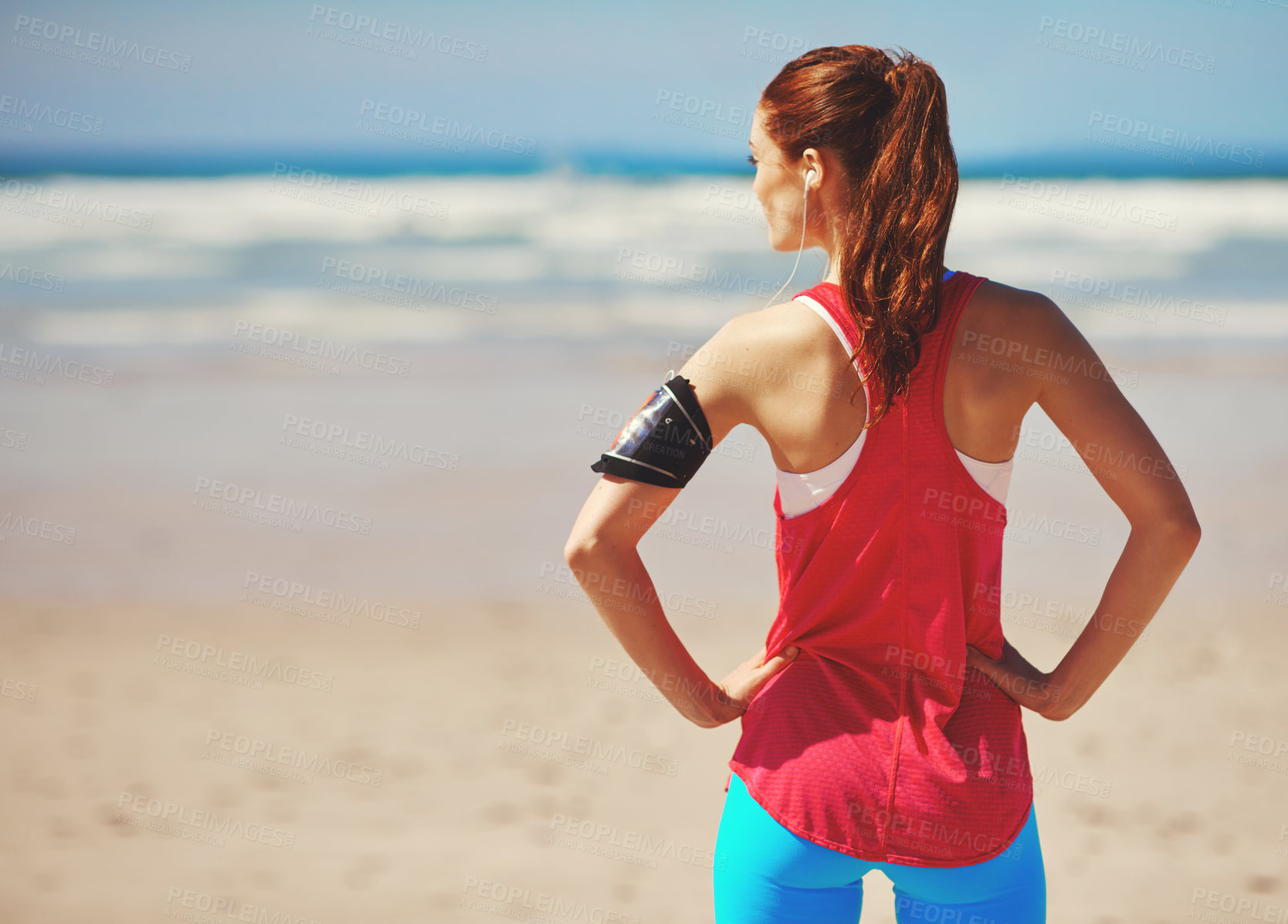 Buy stock photo Beach, fitness and woman with exercise, wellness and workout with break, training and nature. Challenge, healthy person and athlete with waves, seaside and hobby with routine and listening to music