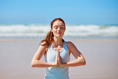 Buy stock photo Woman, ocean and eyes closed with namaste for meditation to relax, break and mental health. Female person, stress relief and smile with or yoga for wellness, wellbeing and self care in Los Angeles