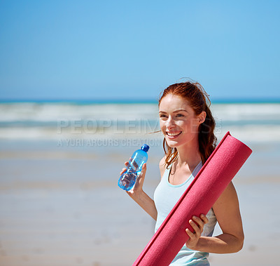 Buy stock photo Woman, beach and happy with yoga mat or water bottle to relax, break and mental health. Female person, stress relief and smile with exercise or workout for wellness, wellbeing and self care in Spain