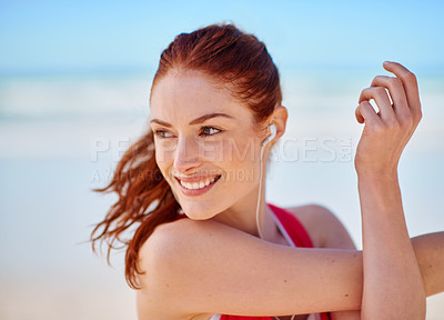 Buy stock photo Young woman, stretching and beach for exercise, fitness and body care for health, calm and relax outdoor. Healthy female, girl athlete or training for balance, calm and wellness for cardio or seaside