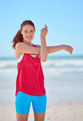 Buy stock photo Beach, fitness and woman stretching arms in training to warm up body for running exercise or workout. Smile, portrait and happy sports girl ready to start her summer body challenge for wellness goals