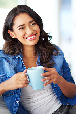 Buy stock photo Woman, portrait and coffee on sofa in house for beauty smile, relax or happy lifestyle. Girl, couch and home living room for drinking tea, latte or espresso while sitting, lounge or happiness on face