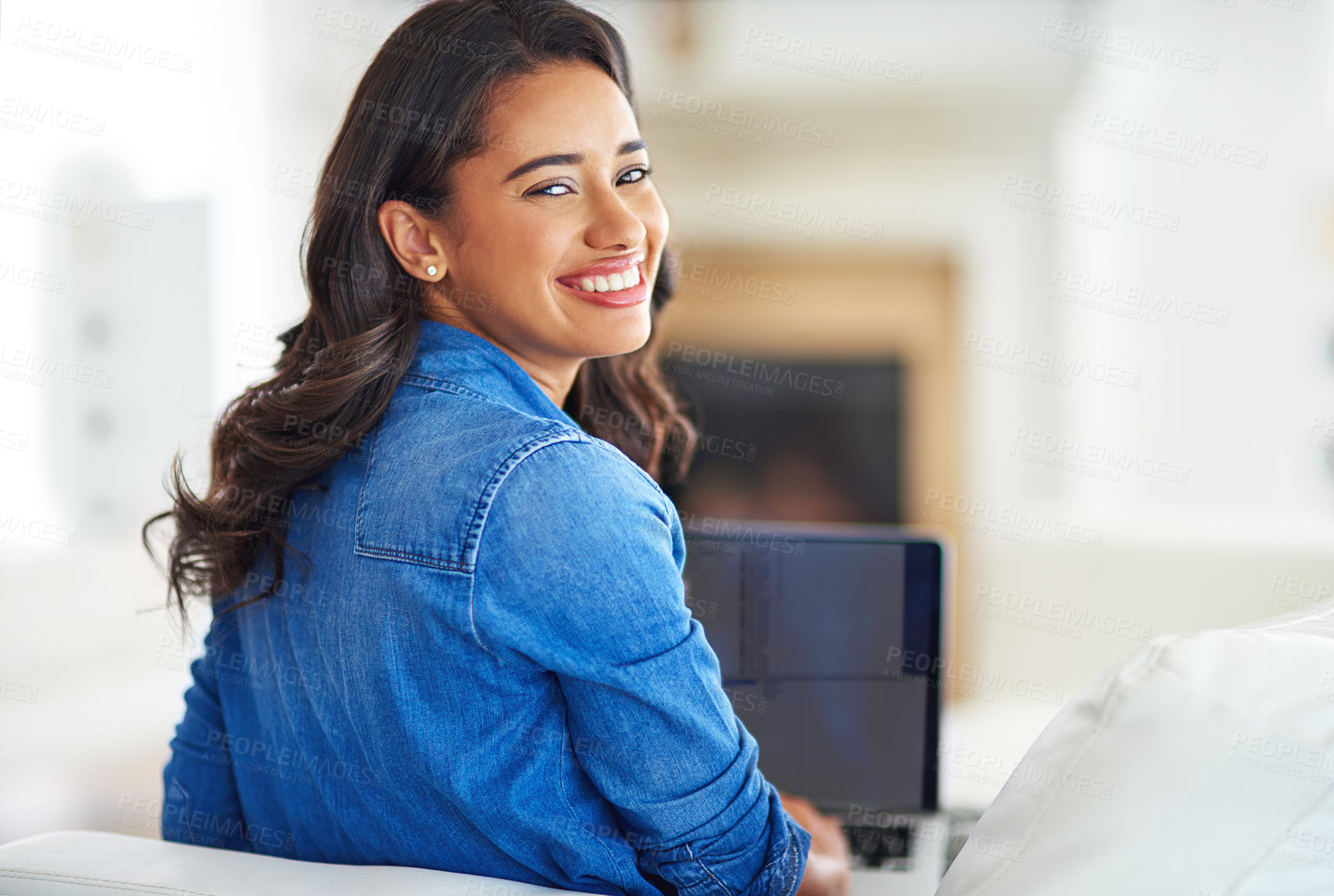 Buy stock photo Laptop, remote work and portrait of happy woman in home for digital, typing and smile on sofa. Computer, face and freelancer in living room for research, data entry and information on internet