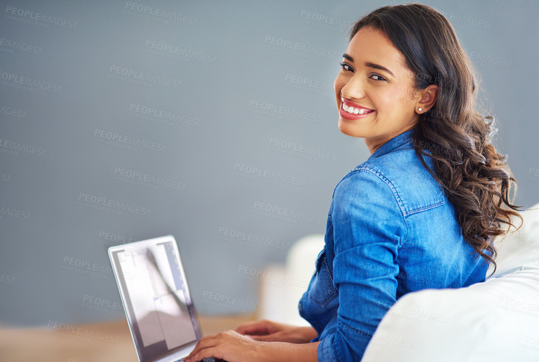 Buy stock photo Laptop, typing and portrait of happy woman in home for remote work, online blog and news on sofa. Computer, face and freelancer in living room for research, data entry and information on internet