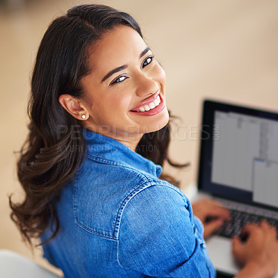 Buy stock photo Laptop, hybrid work and portrait of happy woman in home for schedule, agenda or typing on internet. Computer, face and freelancer in living room for research, information and virtual assistant online