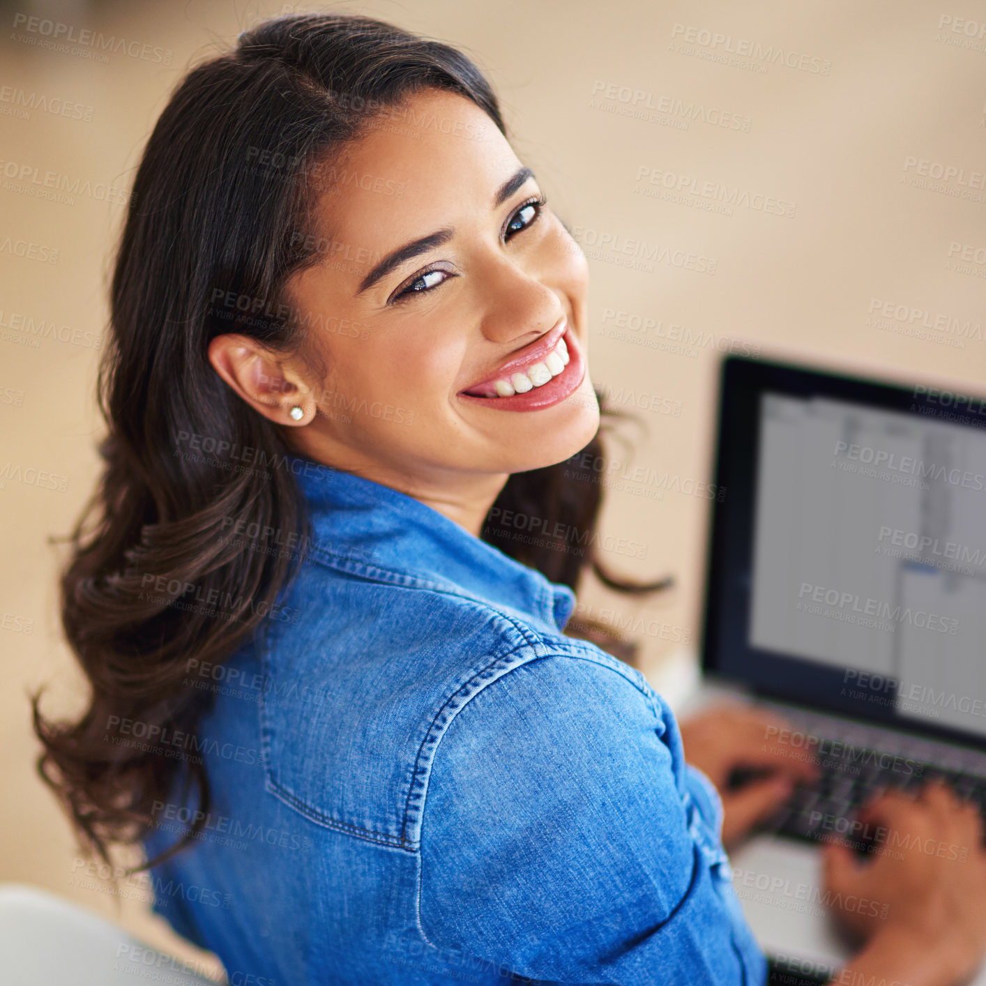 Buy stock photo Laptop, hybrid work and portrait of happy woman in home for schedule, agenda or typing on internet. Computer, face and freelancer in living room for research, information and virtual assistant online