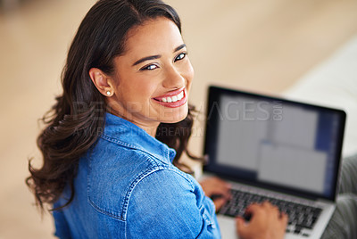 Buy stock photo Laptop, typing and portrait of happy woman in home for schedule, agenda or hybrid work on internet. Computer, face and freelancer in living room for research, information and virtual assistant online